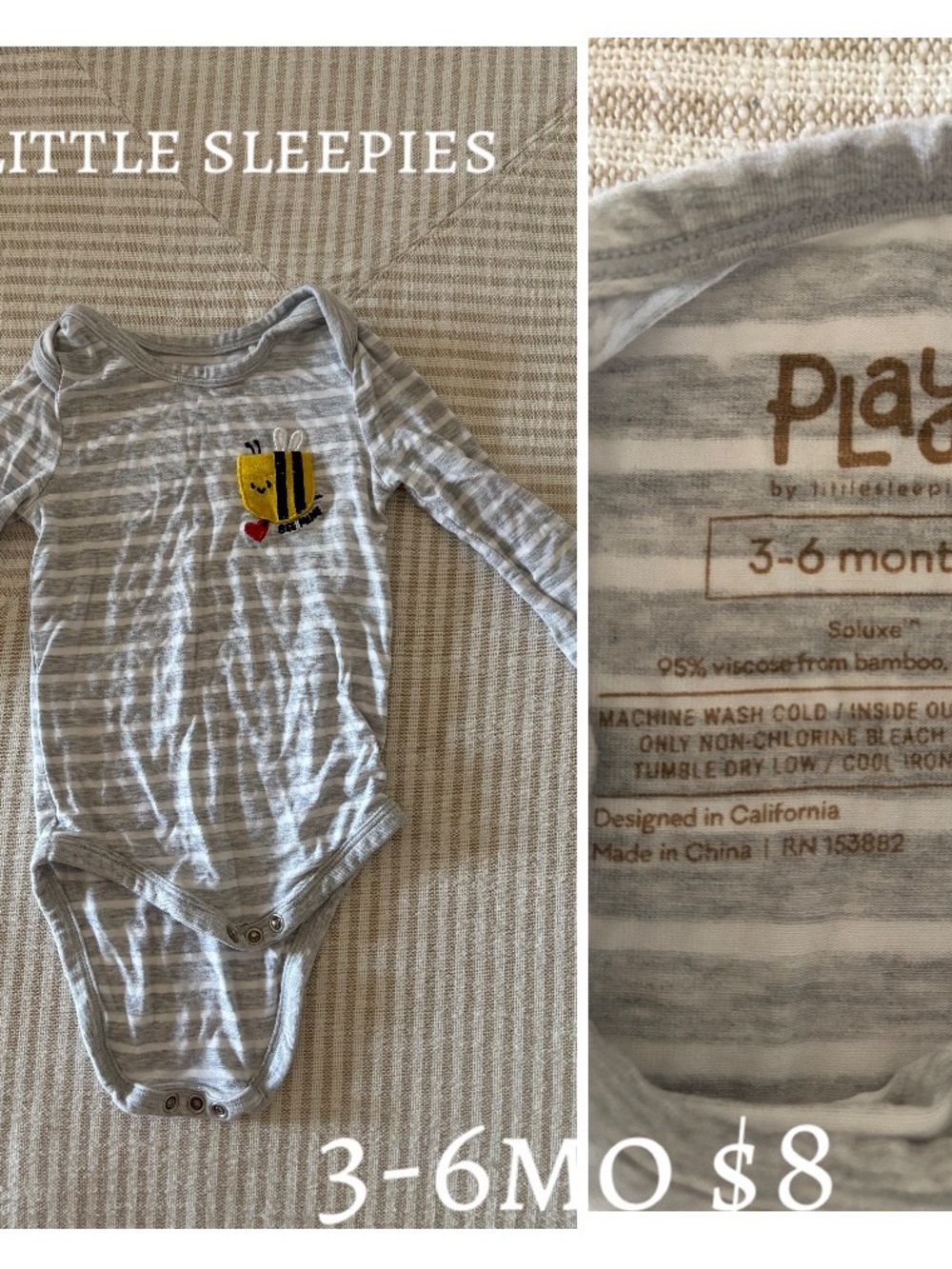 Little Sleepies Gray Striped One-Piece Bodysuit with Yellow Bee Patch